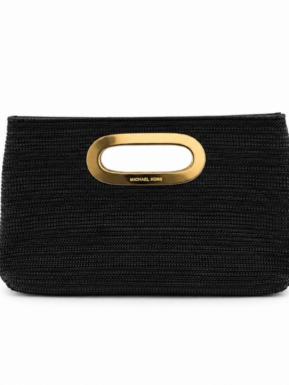 Michael Kors Berkley Black Woven Clutch Gold Handle Evening Bag